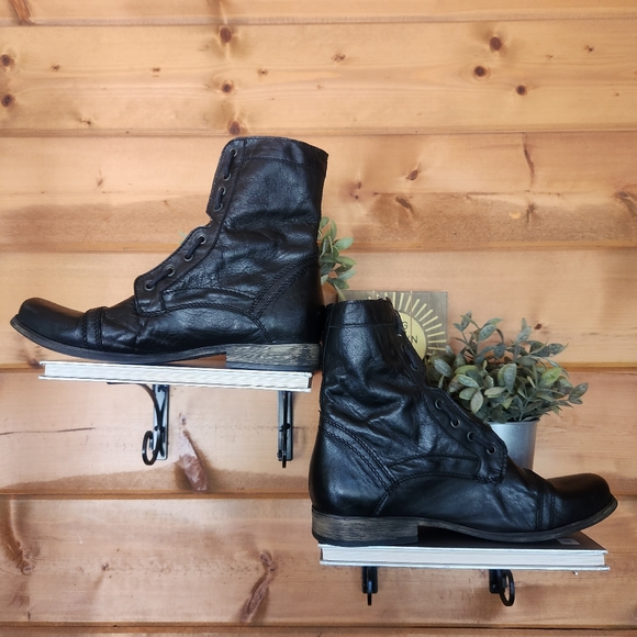 Steve Madden ๐ Trojann Black Leather Combat Boots Cap Toe Vertical Lace Men 11D - Picture 3 of 12